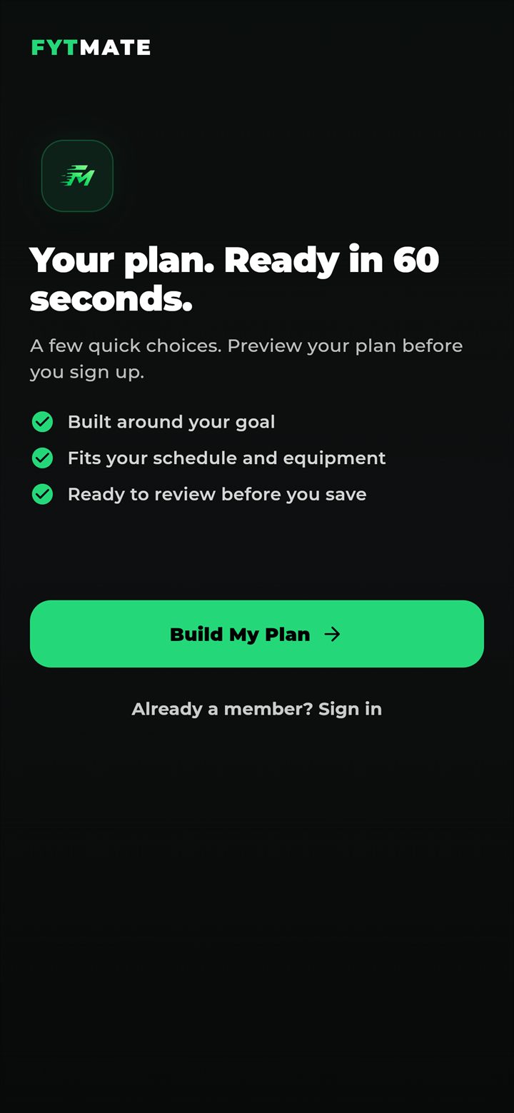 FytMate onboarding — build a training plan in 60 seconds