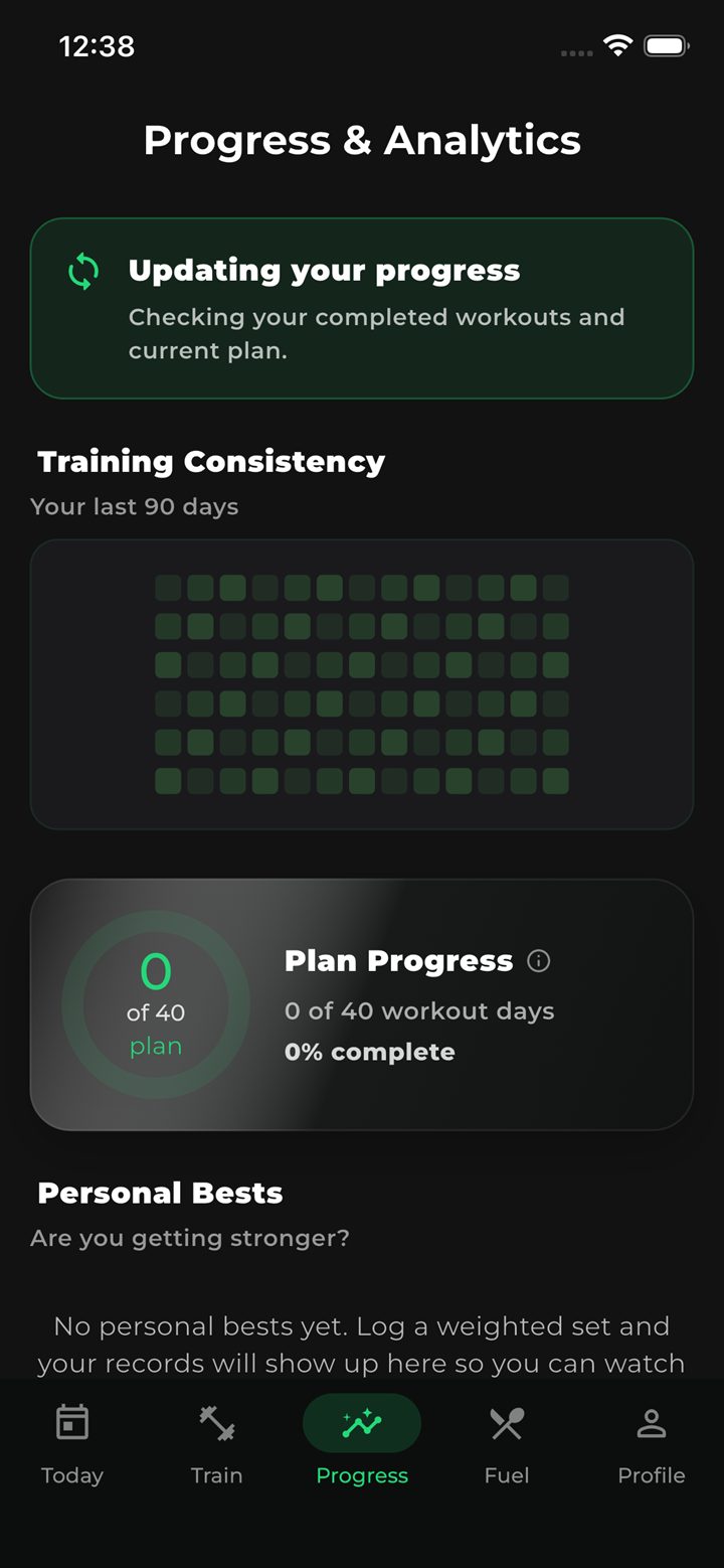 FytMate progress and analytics screen — training consistency and plan progress